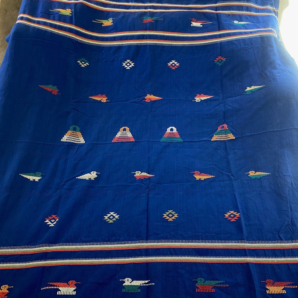 Embroidered Wall Hanging Tablecloth‎ Tapestry Folk Art Bird Blue 72x60